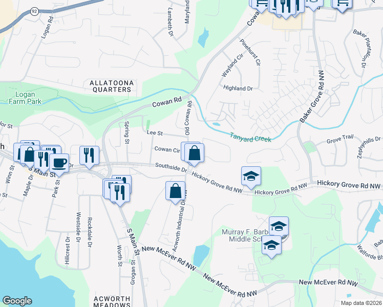 map of restaurants, bars, coffee shops, grocery stores, and more near 4554 Cowan Road in Acworth