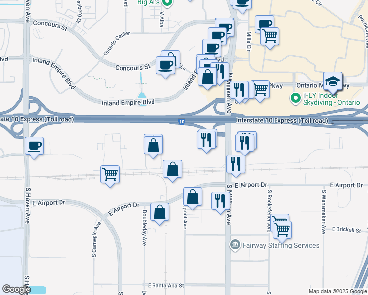 map of restaurants, bars, coffee shops, grocery stores, and more near North Cleveland Avenue in Ontario