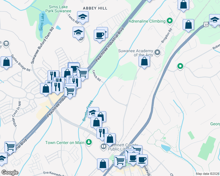 map of restaurants, bars, coffee shops, grocery stores, and more near 4485 Tench Road in Suwanee