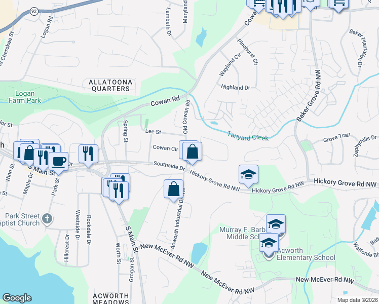 map of restaurants, bars, coffee shops, grocery stores, and more near 4554 Cowan Road in Acworth
