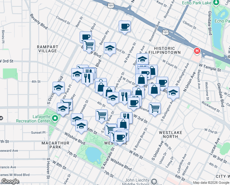 map of restaurants, bars, coffee shops, grocery stores, and more near 2332 Miramar Street in Los Angeles