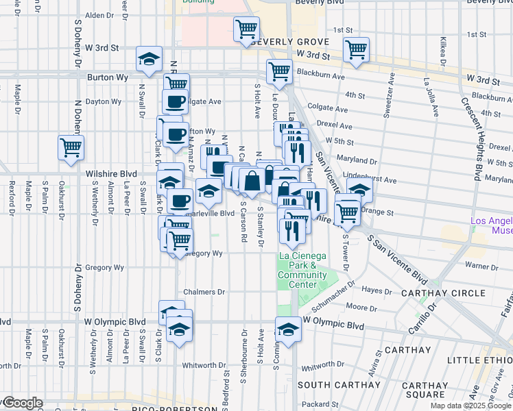 map of restaurants, bars, coffee shops, grocery stores, and more near in Beverly Hills