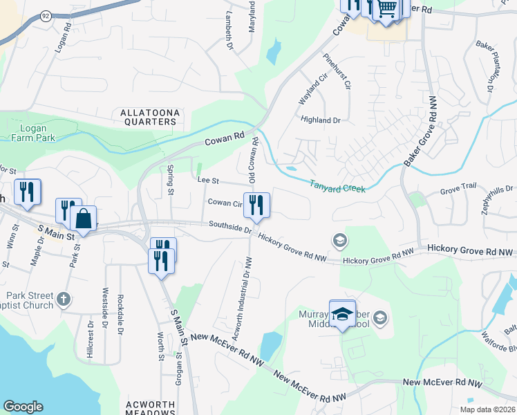 map of restaurants, bars, coffee shops, grocery stores, and more near 4554 Cowan Road in Acworth