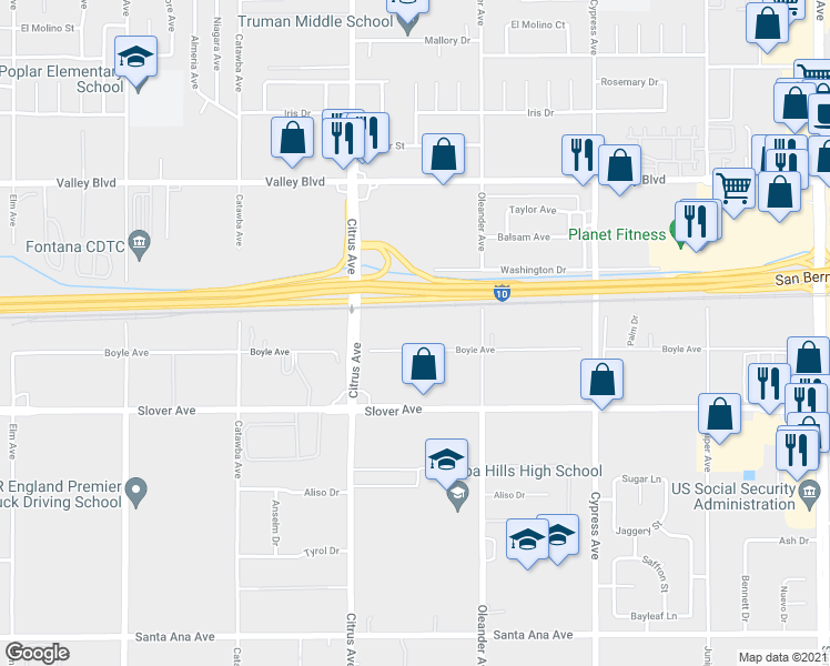 map of restaurants, bars, coffee shops, grocery stores, and more near 16204 Boyle Avenue in Fontana