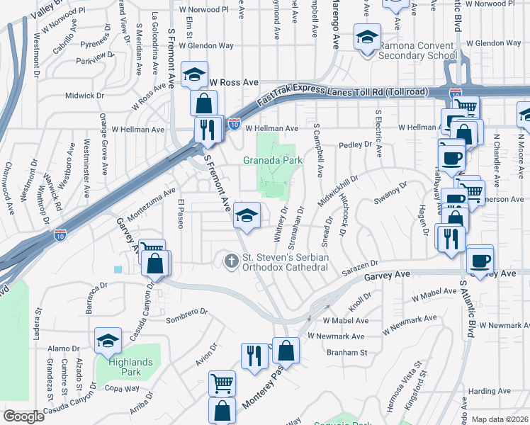 map of restaurants, bars, coffee shops, grocery stores, and more near 2029 Tracy Lane in Alhambra