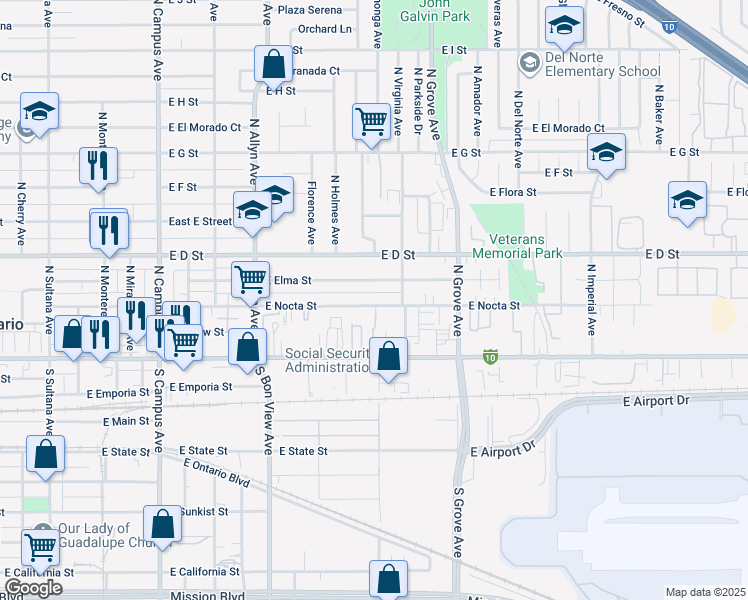 map of restaurants, bars, coffee shops, grocery stores, and more near 1110 East Nocta Street in Ontario