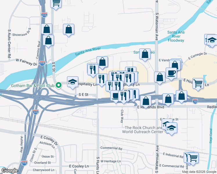 map of restaurants, bars, coffee shops, grocery stores, and more near 155 West Hospitality Lane in San Bernardino