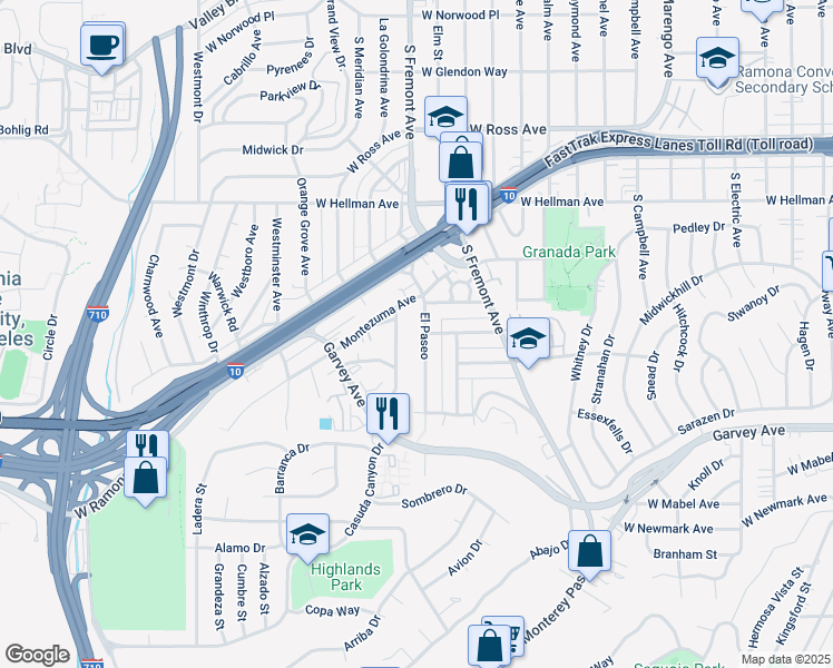 map of restaurants, bars, coffee shops, grocery stores, and more near 2424 Florentina Avenue in Alhambra