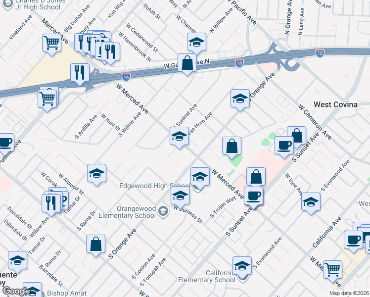 map of restaurants, bars, coffee shops, grocery stores, and more near 1828 West Merced Avenue in West Covina