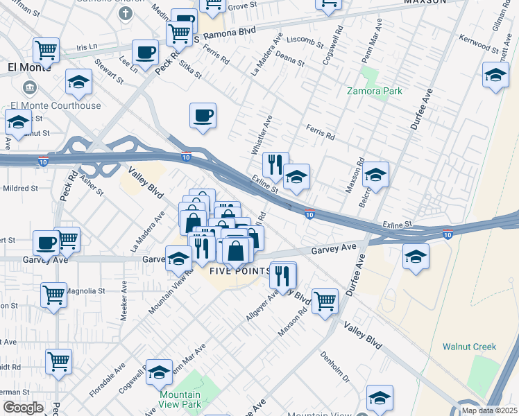 map of restaurants, bars, coffee shops, grocery stores, and more near 11925 Lansdale Avenue in El Monte