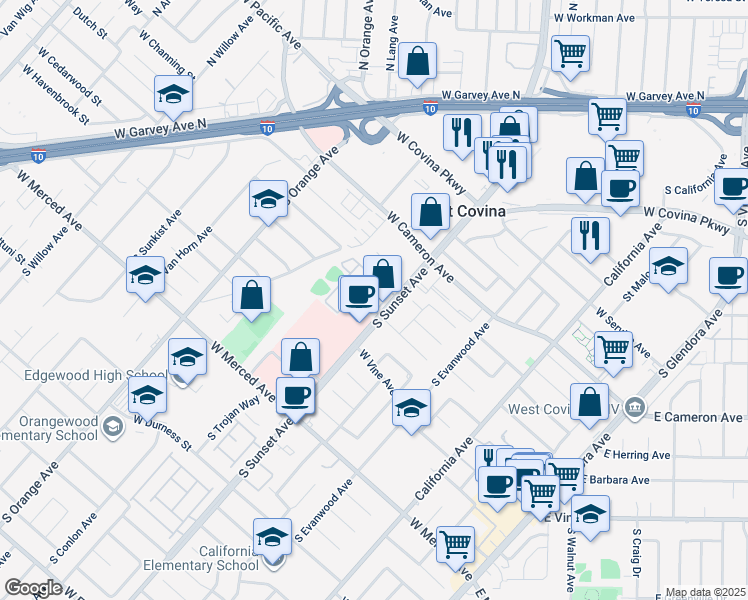 map of restaurants, bars, coffee shops, grocery stores, and more near 851 South Sunset Avenue in West Covina