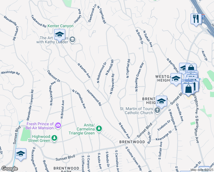 map of restaurants, bars, coffee shops, grocery stores, and more near 384 North Bonhill Road in Los Angeles