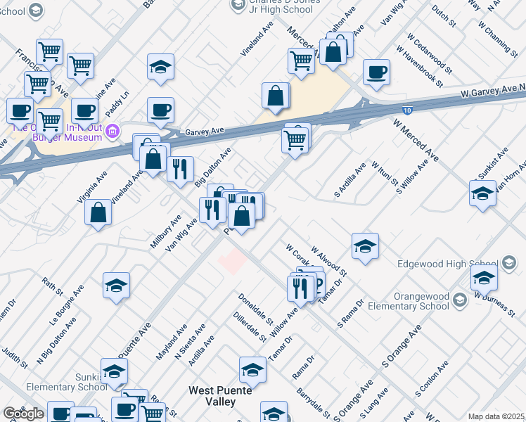 map of restaurants, bars, coffee shops, grocery stores, and more near 1718 Puente Avenue in Baldwin Park
