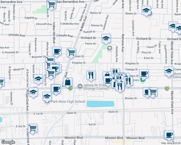 map of restaurants, bars, coffee shops, grocery stores, and more near 10410 Amherst Avenue in Montclair