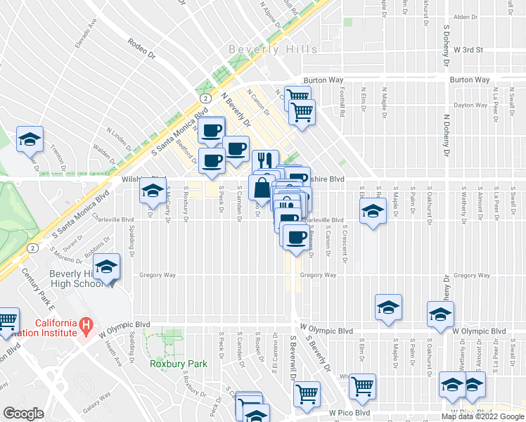 map of restaurants, bars, coffee shops, grocery stores, and more near 150 South Rodeo Drive in Beverly Hills