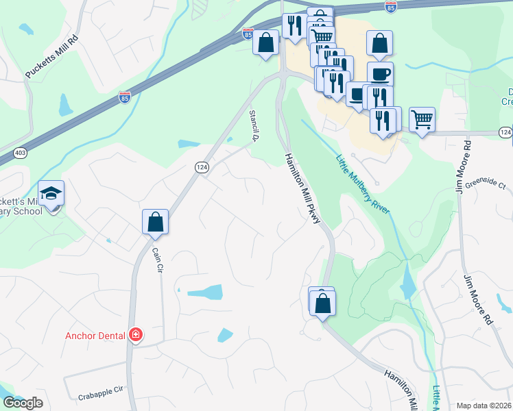 map of restaurants, bars, coffee shops, grocery stores, and more near 1976 Stancil Point Drive in Dacula