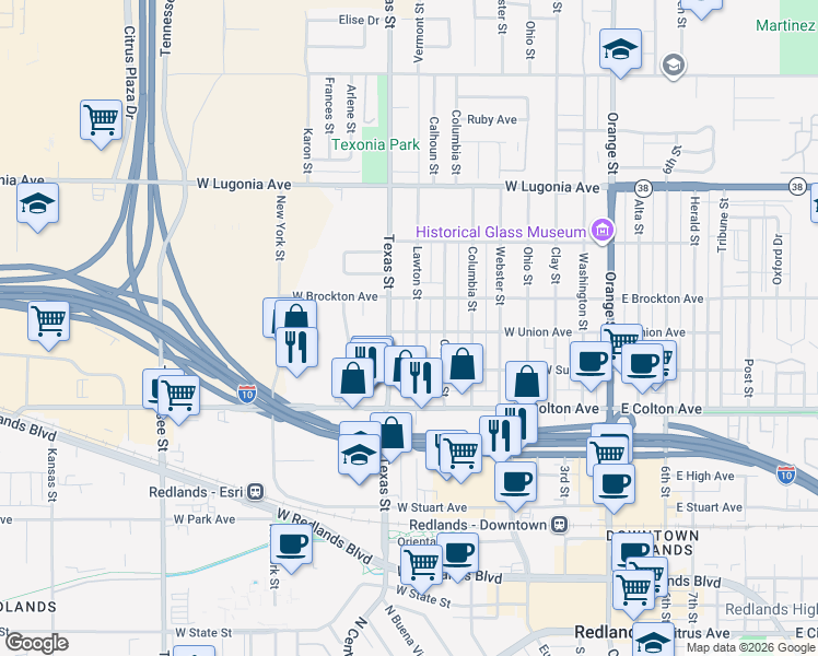 map of restaurants, bars, coffee shops, grocery stores, and more near 1003 Lawton Street in Redlands