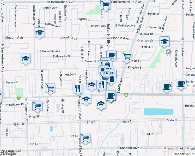 map of restaurants, bars, coffee shops, grocery stores, and more near 683 Saint Paul Street in Pomona
