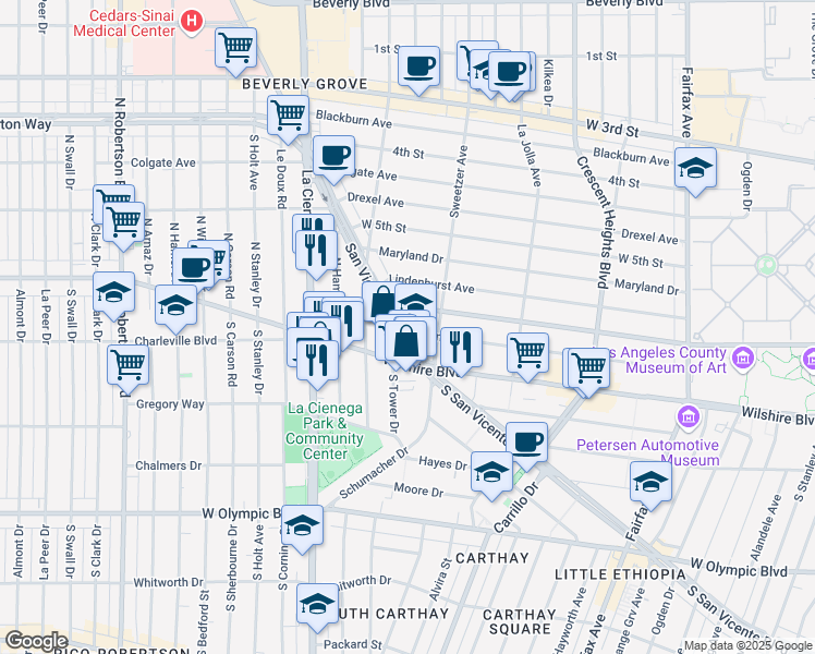 map of restaurants, bars, coffee shops, grocery stores, and more near 4468 South San Vicente Boulevard in Los Angeles