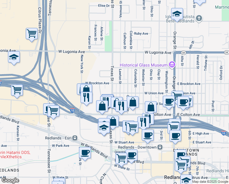 map of restaurants, bars, coffee shops, grocery stores, and more near 1004 Texas Street in Redlands