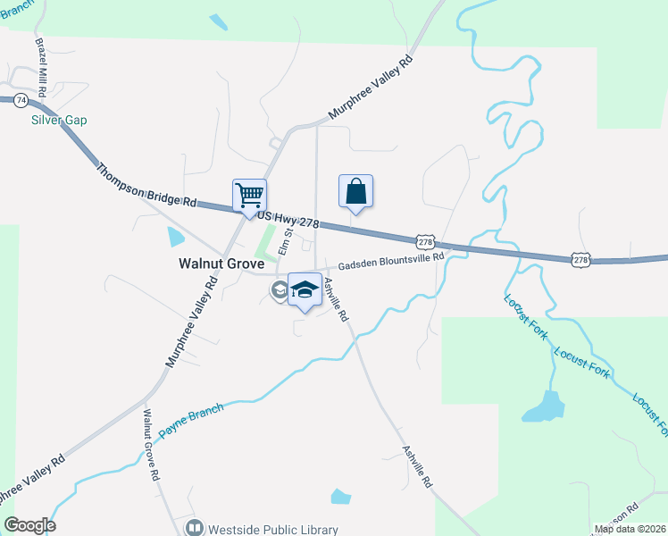 map of restaurants, bars, coffee shops, grocery stores, and more near 4295 Gadsden Blountsville Road in Walnut Grove