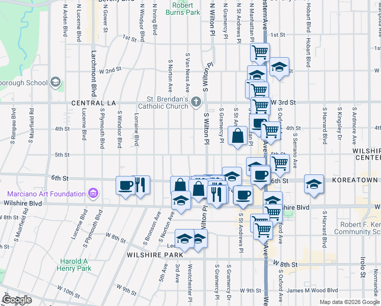 map of restaurants, bars, coffee shops, grocery stores, and more near 508 South Van Ness Avenue in Los Angeles