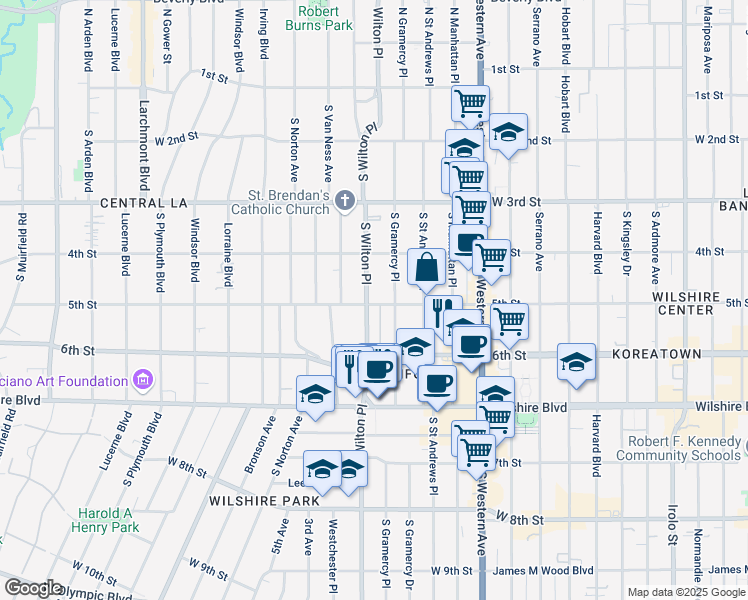 map of restaurants, bars, coffee shops, grocery stores, and more near 456 South Wilton Place in Los Angeles
