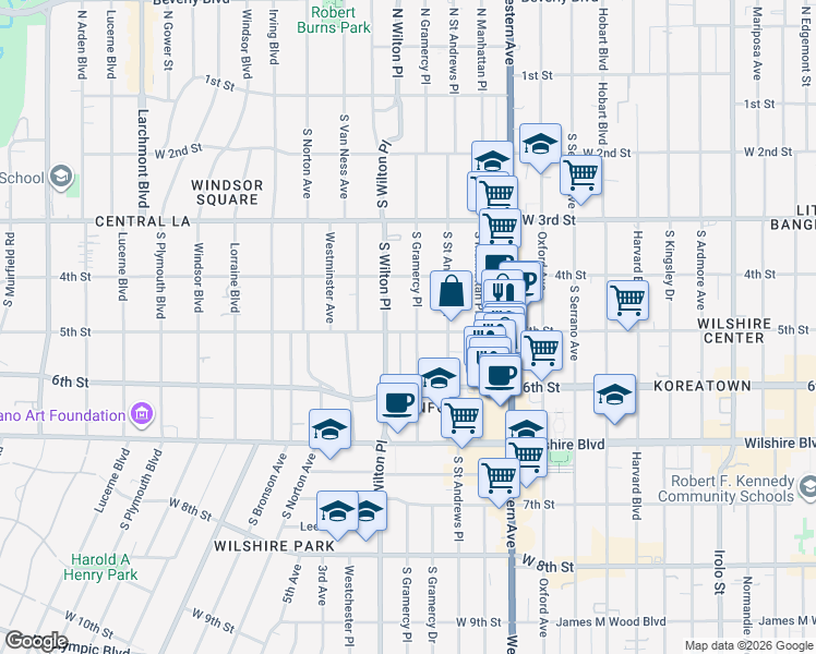 map of restaurants, bars, coffee shops, grocery stores, and more near 4305 West 5th Street in Los Angeles