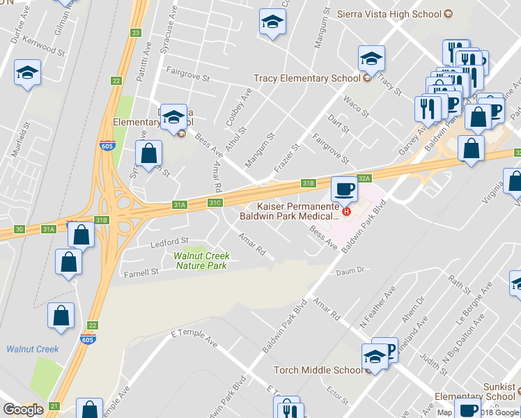 map of restaurants, bars, coffee shops, grocery stores, and more near 13019 Judith Street in Baldwin Park