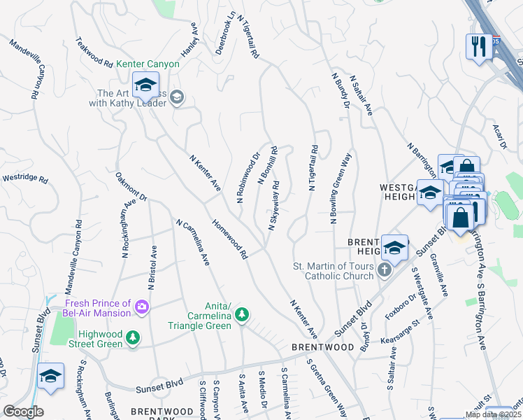 map of restaurants, bars, coffee shops, grocery stores, and more near 384 N Bonhill Rd in Los Angeles
