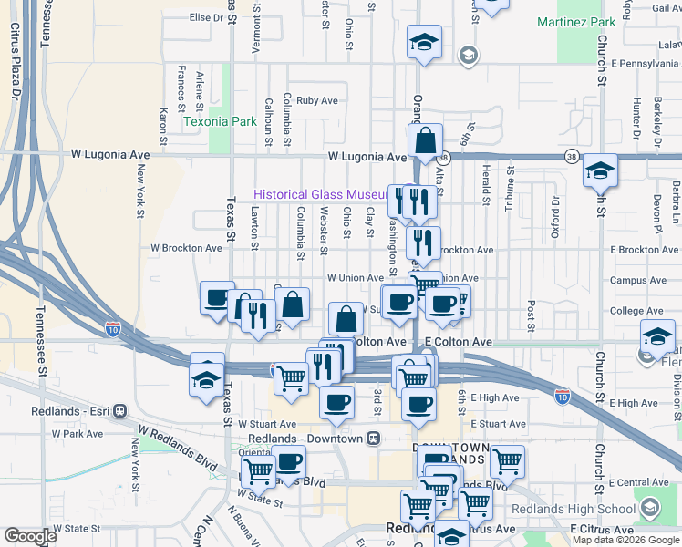 map of restaurants, bars, coffee shops, grocery stores, and more near 1005 Ohio Street in Redlands