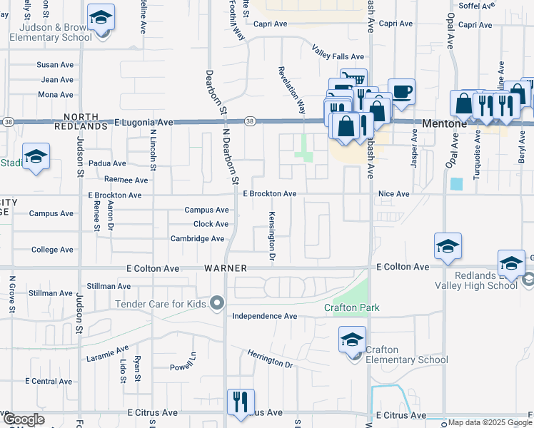 map of restaurants, bars, coffee shops, grocery stores, and more near 941 Kensington Drive in Redlands