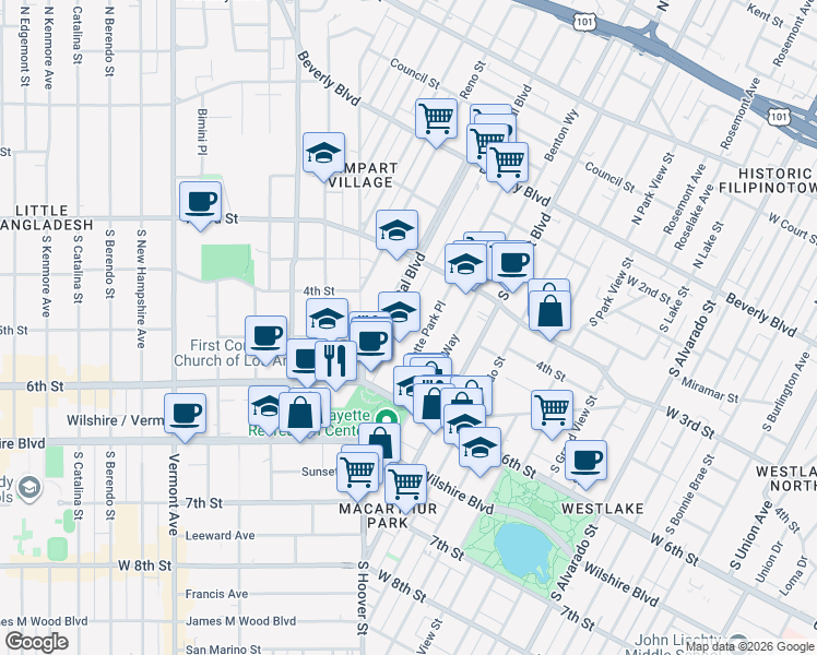 map of restaurants, bars, coffee shops, grocery stores, and more near 421 La Fayette Park Place in Los Angeles