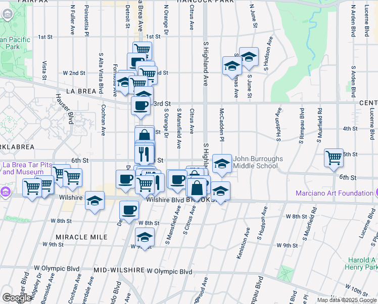 map of restaurants, bars, coffee shops, grocery stores, and more near 449 South Citrus Avenue in Los Angeles
