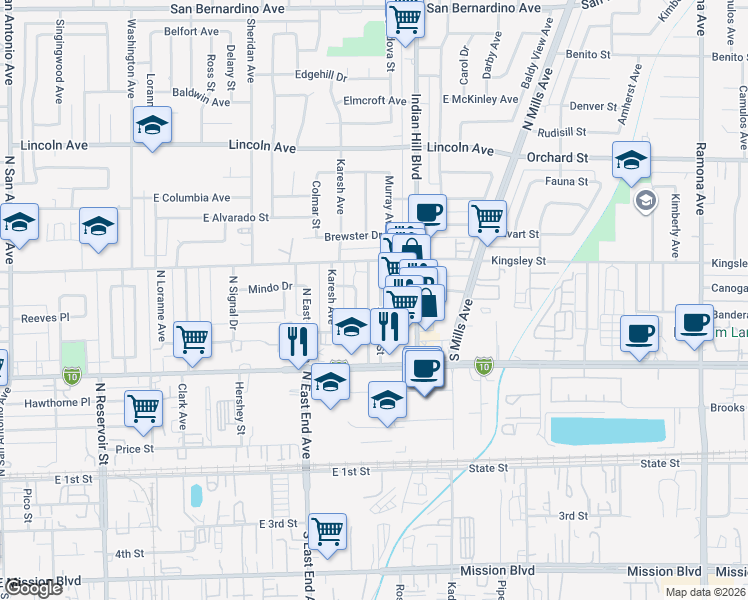 map of restaurants, bars, coffee shops, grocery stores, and more near 683 Saint Paul Street in Pomona