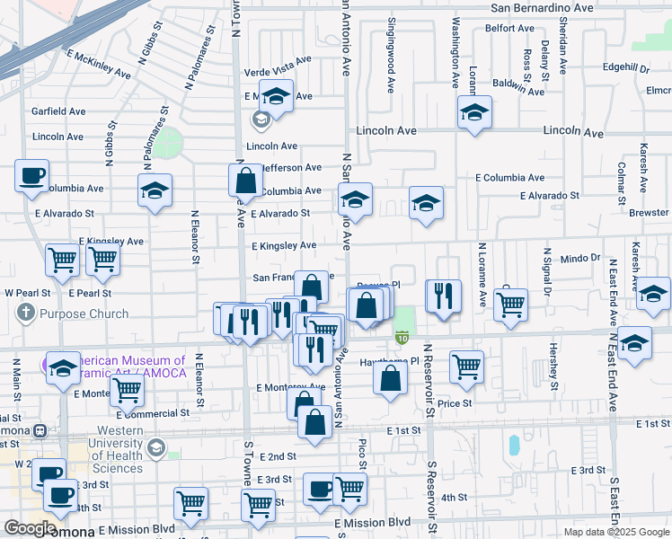 map of restaurants, bars, coffee shops, grocery stores, and more near 773 San Francisco Avenue in Pomona
