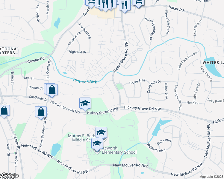map of restaurants, bars, coffee shops, grocery stores, and more near 4576 Grove Park Way Northwest in Acworth