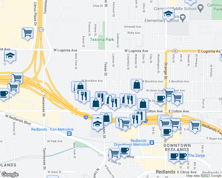 map of restaurants, bars, coffee shops, grocery stores, and more near 1003 Lawton Street in Redlands