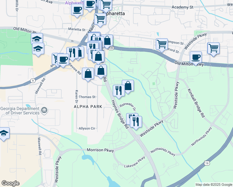 map of restaurants, bars, coffee shops, grocery stores, and more near 11675 Haynes Bridge Road in Alpharetta