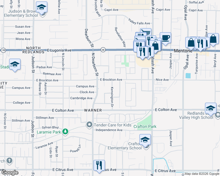 map of restaurants, bars, coffee shops, grocery stores, and more near 941 Kensington Drive in Redlands