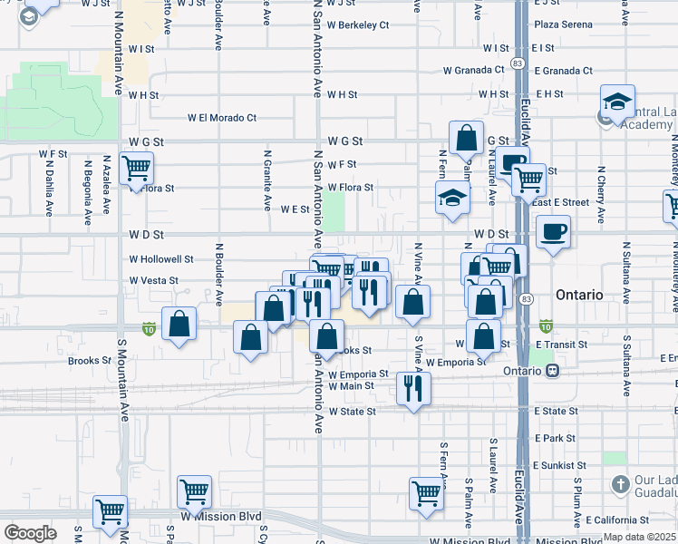 map of restaurants, bars, coffee shops, grocery stores, and more near 640 West Vesta Street in Ontario