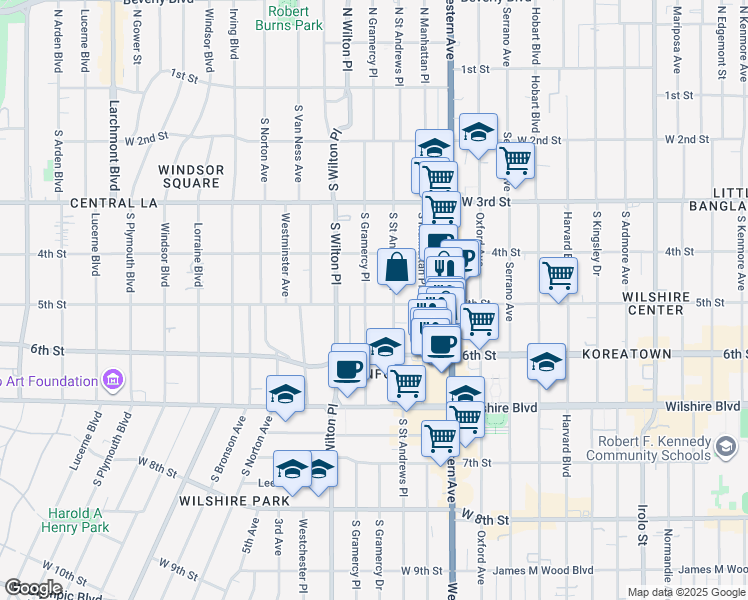 map of restaurants, bars, coffee shops, grocery stores, and more near 500 South Gramercy Place in Los Angeles