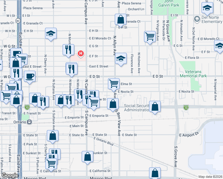 map of restaurants, bars, coffee shops, grocery stores, and more near 835 East Nocta Street in Ontario