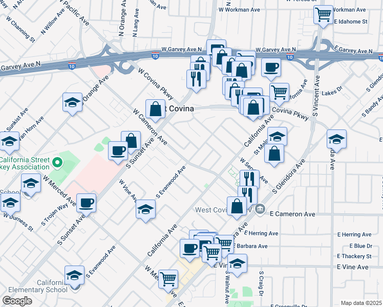 map of restaurants, bars, coffee shops, grocery stores, and more near 757 South Evanwood Avenue in West Covina