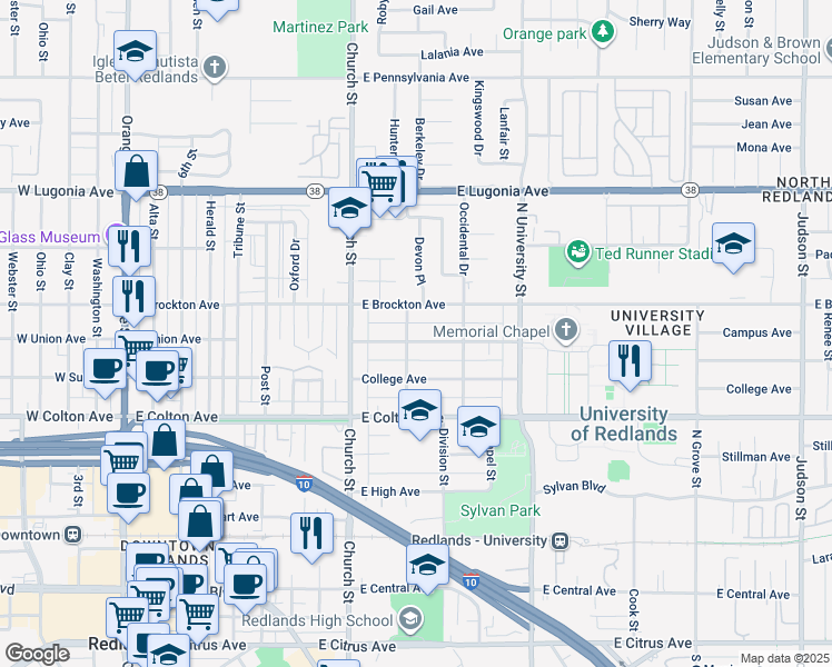map of restaurants, bars, coffee shops, grocery stores, and more near 916 Campus Avenue in Redlands
