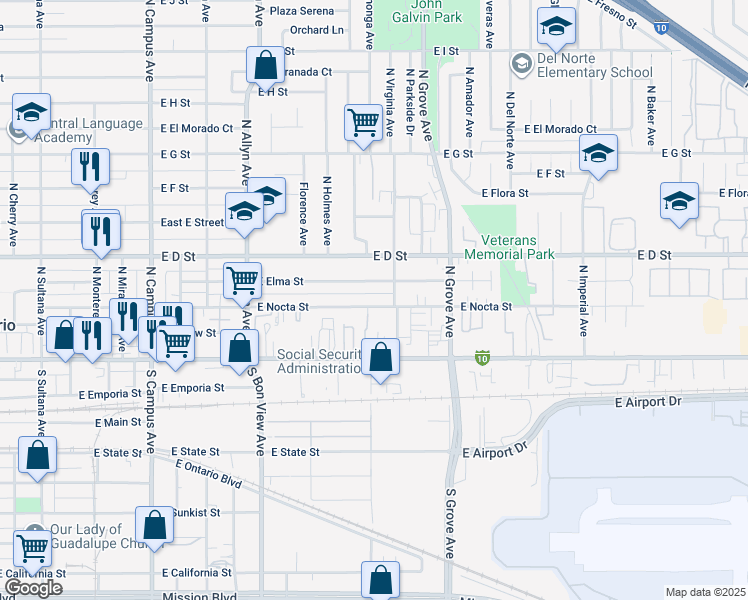 map of restaurants, bars, coffee shops, grocery stores, and more near 1110 East Nocta Street in Ontario