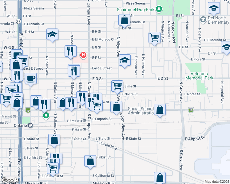 map of restaurants, bars, coffee shops, grocery stores, and more near 225 North Allyn Avenue in Ontario