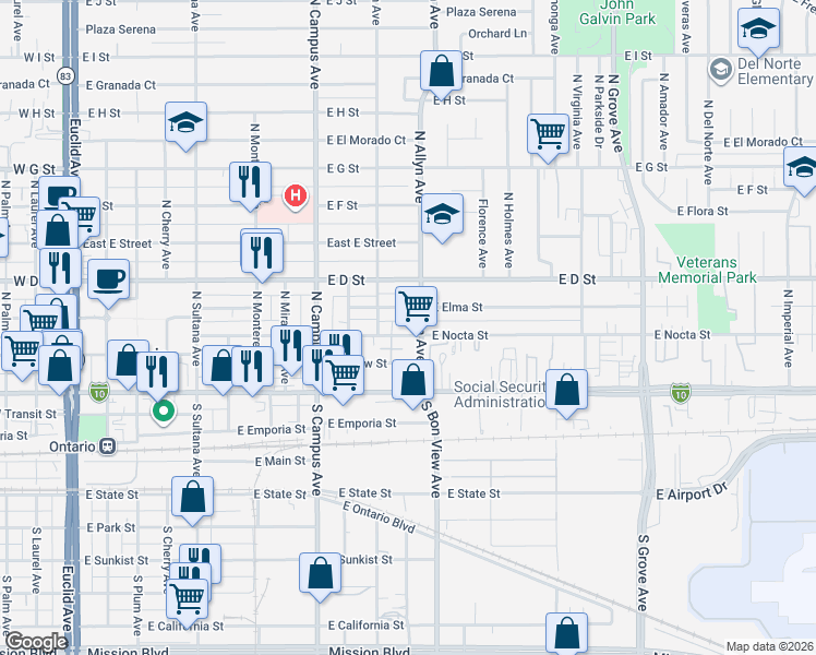 map of restaurants, bars, coffee shops, grocery stores, and more near 225 North Allyn Avenue in Ontario