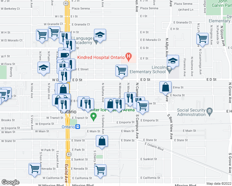 map of restaurants, bars, coffee shops, grocery stores, and more near 528 East Nocta Street in Ontario