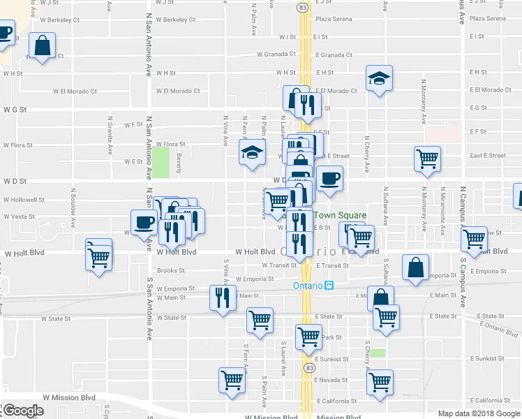 map of restaurants, bars, coffee shops, grocery stores, and more near 316 West B Street in Ontario